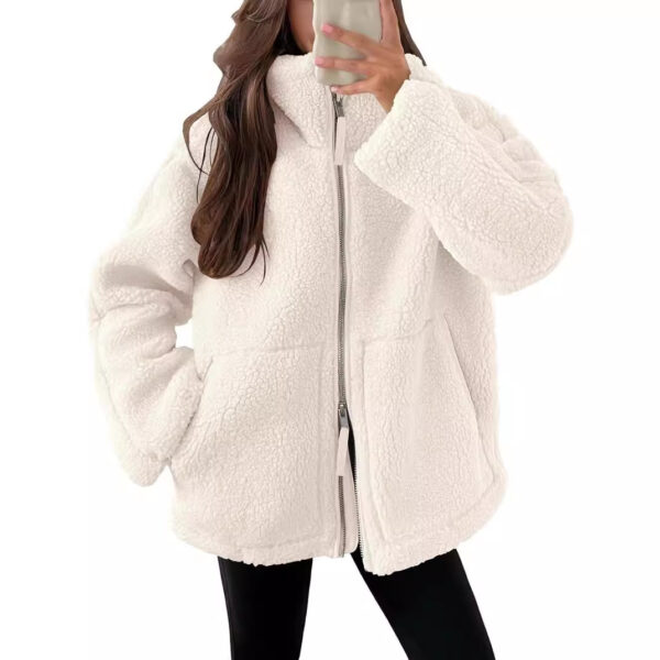 Winter Lapel Zip-up Coat With Pockets Casual Fashion Solid Fleece Jacket Fall Spring Long Sleeve Women's Clothing - Image 3